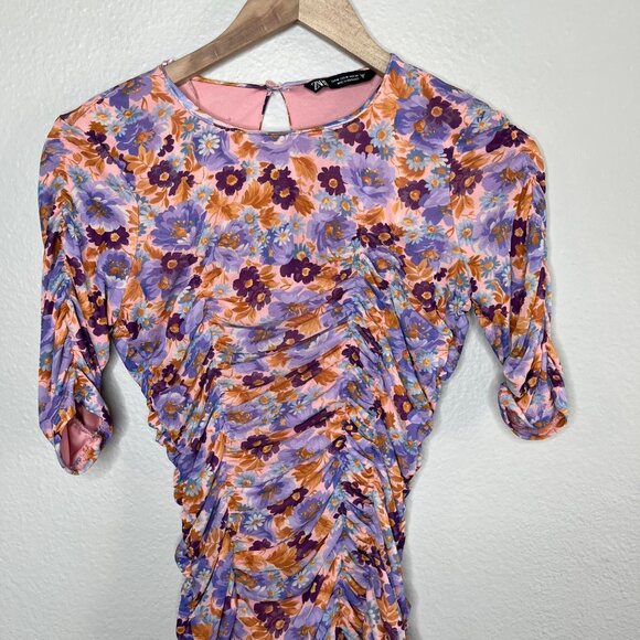 Zara Floral Ruched Bodycon Spring Cocktail Mid Sleeve Midi Dress Medium - Picture 2 of 9